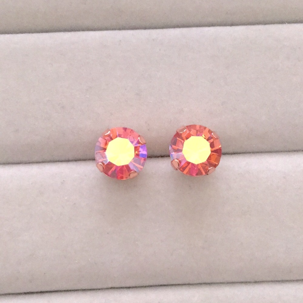 Iridescent Pink Rose Aurora Borealis Shimmer + Rose Gold Crystal Earrings - Picture 10 of 11